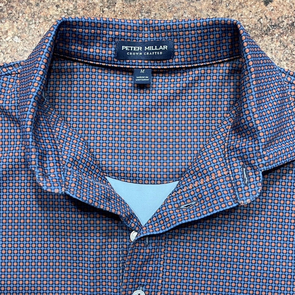 SOLD - Peter Millar Tailor Fit Navy Box Dot Patterned Polo Shirt Men’s Sz Medium - Picture 3 of 7